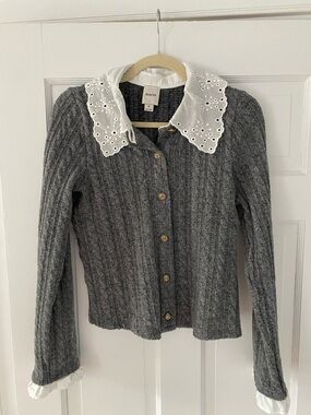 Maeve Gray Cable Knit Cardigan with White Eyelet Collar